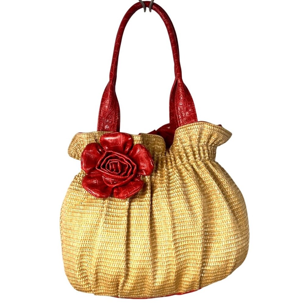 Vintage Bueno Tan Woven Straw Red Faux Leather Flower Satchel Bag - Picture 1 of 8
